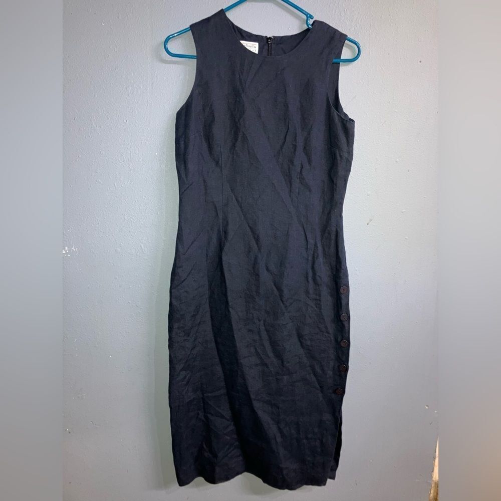 Talbots Black Midi Dress with Button Accents 100% Irish linen #736